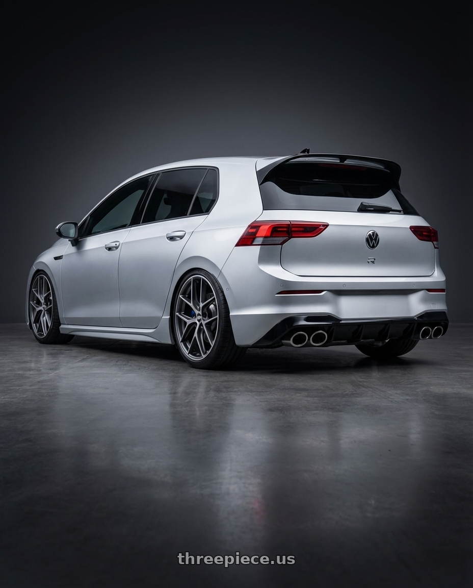 2024 Volkswagen Golf R MK8 with BBS CC-R 5x112 19x9.5+42 Graphite w/ Diamond Cut Face wheels rear three quarter view slight stretch tires