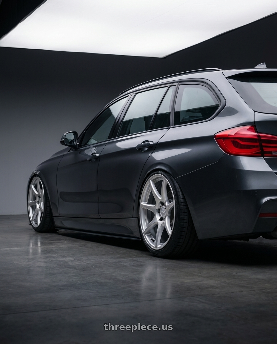 2016 BMW 3 Series F30 with Kansei K11S Tandem 5X120 19x9.5 22 Hyper Silver wheels rear three quarter view slight stretch tires