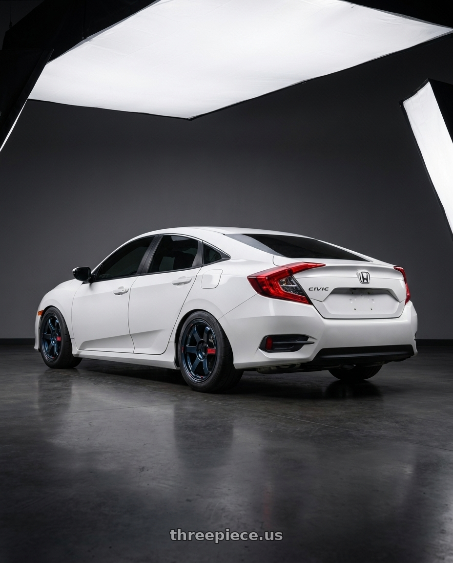 2019 Honda Civic LX with Volk Racing TE37 SAGA SL 5x114.3 18x9.5 +35 MAG BLUE wheels rear three quarter view meaty tires