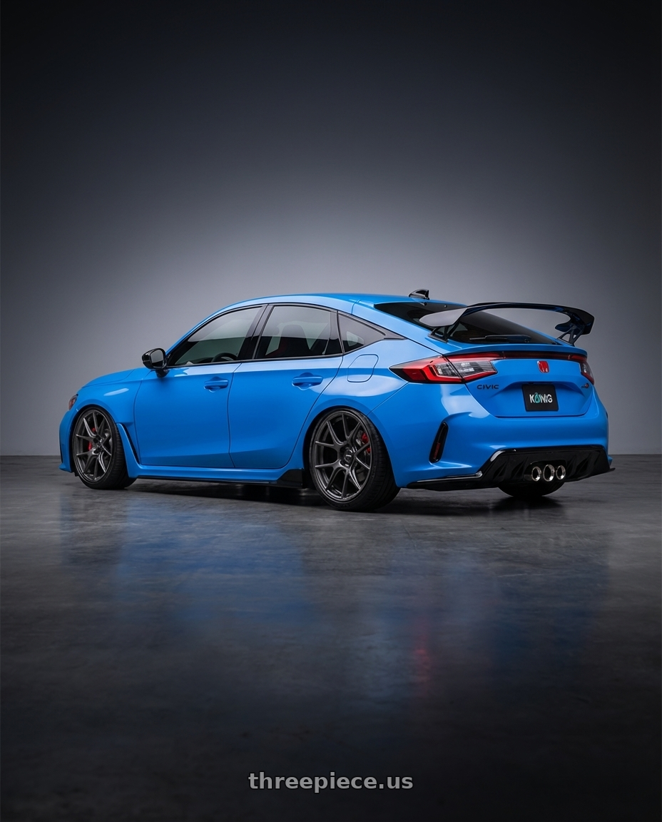 2024 Honda Civic Type R with Konig Ampliform 5x120 19x8.5+32 Dark Metallic Graphite wheels rear three quarter view slight stretch tires