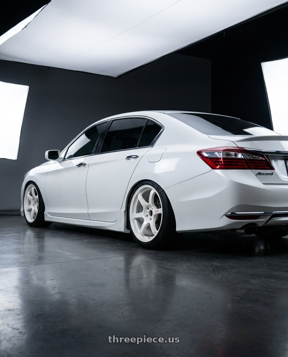 2016 Honda accord with Gram Lights 57DR 5x100 18x9.5 +38 CERAMIC PEARL wheels rear three quarter view slight stretch tires