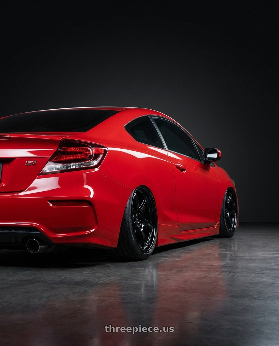 2015 Honda Civic Si with Gram Lights 57CR 5x114.3 18x9.5+22 Glossy Black wheels rear three quarter view slight stretch tires