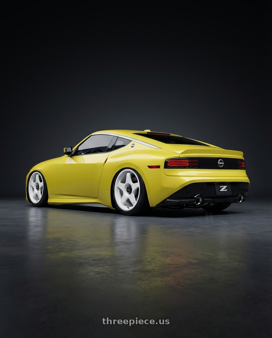 2024 Nissan Z with fifteen52 CHICANE 5x114.3 / 5x120 19x8.5 +35 RALLY WHITE (GLOSS WHITE) wheels rear three quarter view slight stretch tires