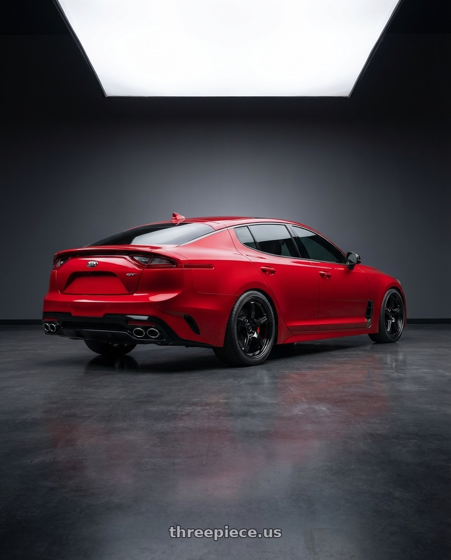 2022 Kia Stinger GT with Gram Lights 57CR 5x114.3 19x9.5+25 Glossy Black wheels rear three quarter view square tires