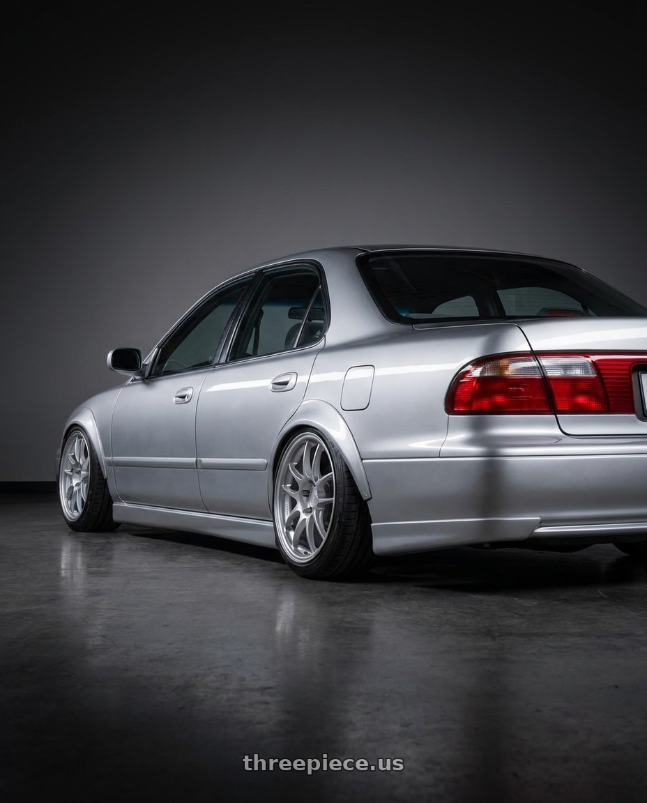 1994 Yulon arex with Enkei PF01 4x100 15x7+35 Silver wheels rear three quarter view slight stretch tires