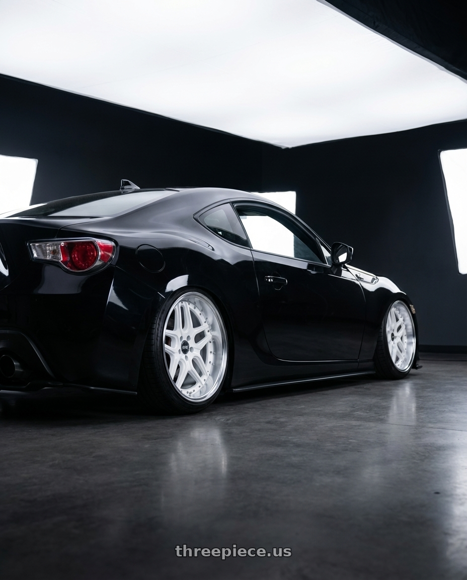 2013 Scion frs with ESR Wheels CS SERIES CS15 5x100 18x8.5 +30 Gloss White wheels rear three quarter view slight stretch tires