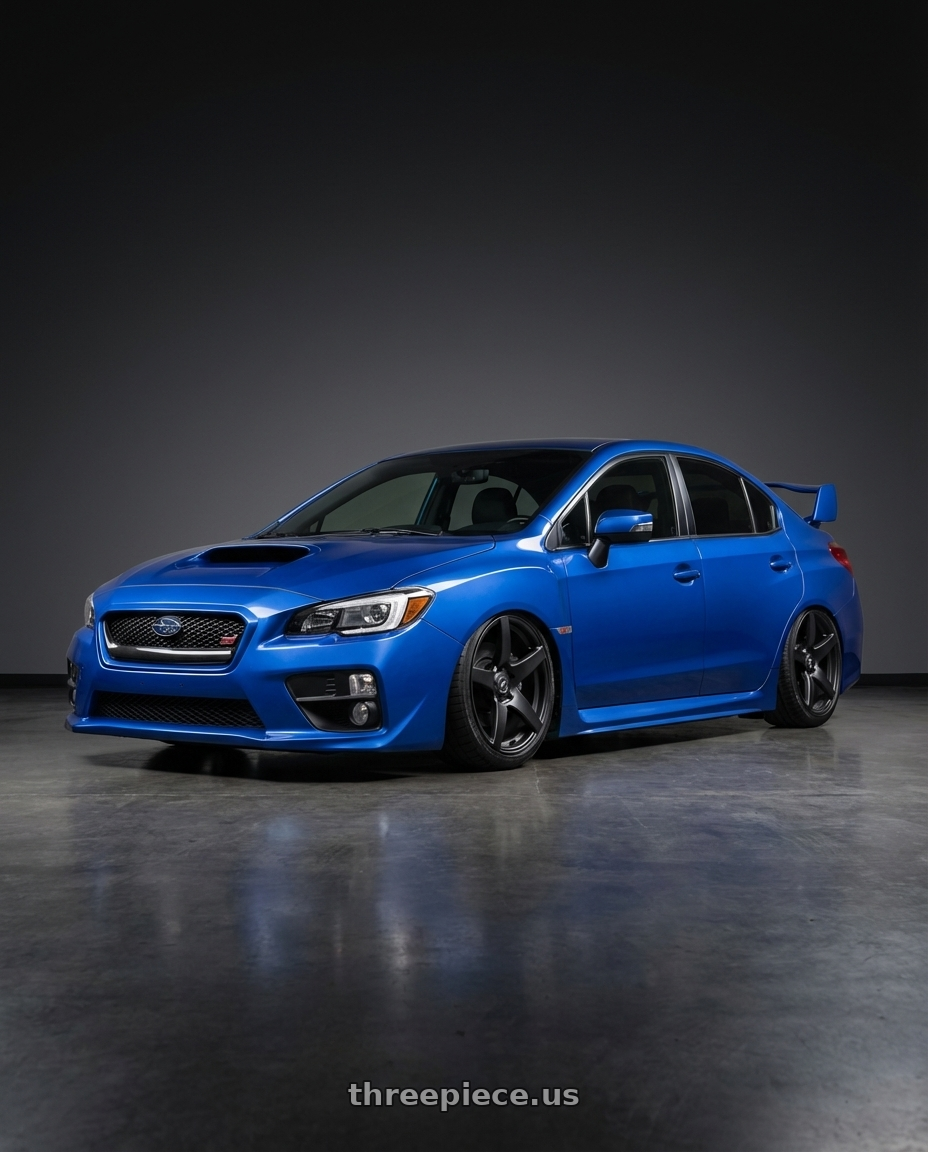 2013 Subaru WRX STI with Forgestar CF5 5x114.3 18x10 +42 Satin Black wheels front three quarter view stanced stance