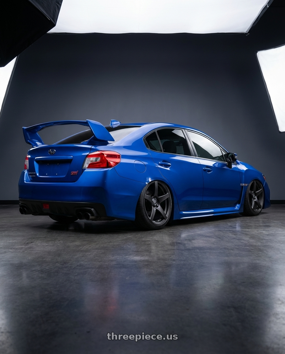 2013 Subaru WRX STI with Forgestar CF5 5x114.3 18x10 +42 Satin Black wheels rear three quarter view slight stretch tires