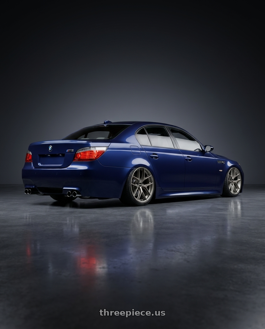 2010 BMW M5 E60 with BBS CC-R 5x120 19x9.0+26 Satin Platinum wheels rear three quarter view slight stretch tires