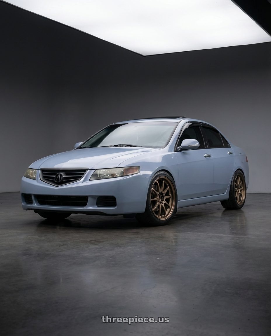 2005 Acura TSX with Volk Racing CE28N 5x114.3 18x8.5 +30 BRONZE wheels front three quarter view lowered stance