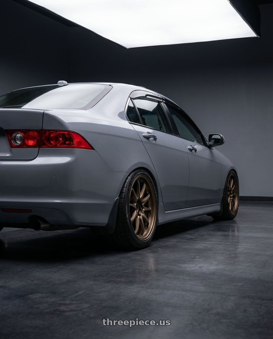 2005 Acura TSX with Volk Racing CE28N 5x114.3 18x8.5 +30 BRONZE wheels rear three quarter view meaty tires