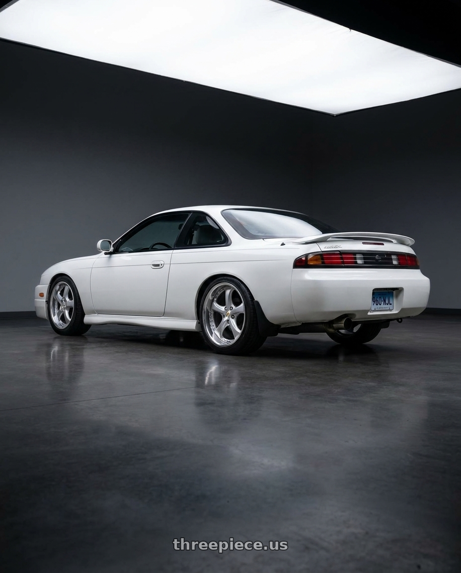 1997 Nissan 240SX with Work Wheels VS-KF 5X114.3 19x11.5-11 Light Grey Silver O Disk FULL REVERSE wheels rear three quarter view square tires