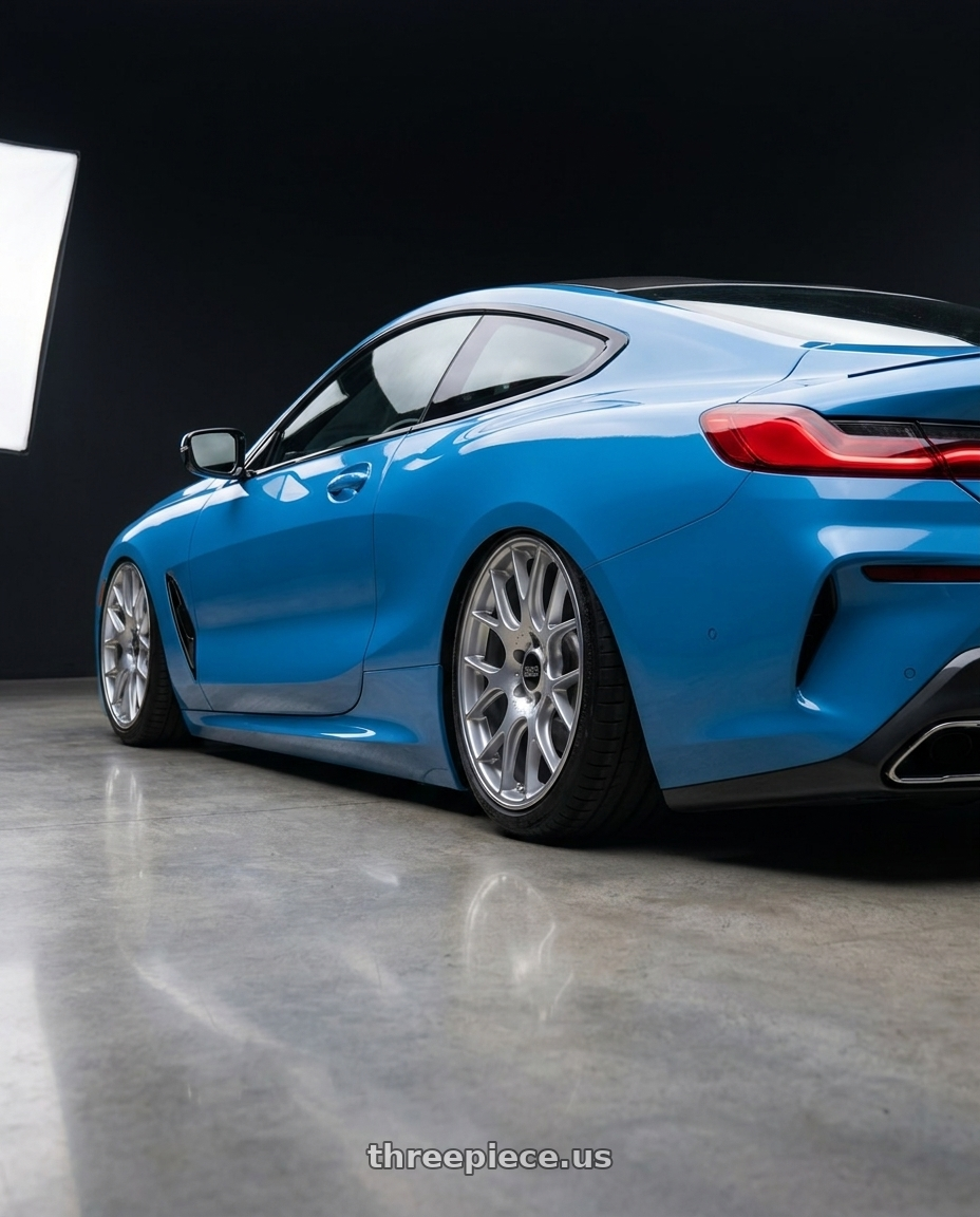 2023 BMW 8-Series M8 with BBS CH-R 5x130 19x11 +56 Brilliant Silver Polished Rim Protector wheels rear three quarter view square tires