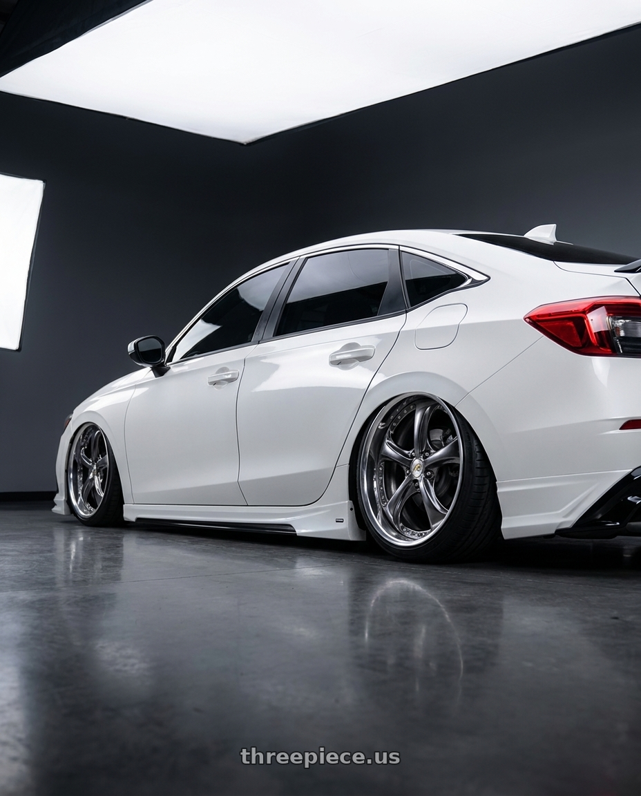 2024 Honda civic touring white with Work Wheels VS-KF 5X114.3 19x8+40 Brilliant Silver Black A Disk FULL REVERSE wheels rear three quarter view slight stretch tires