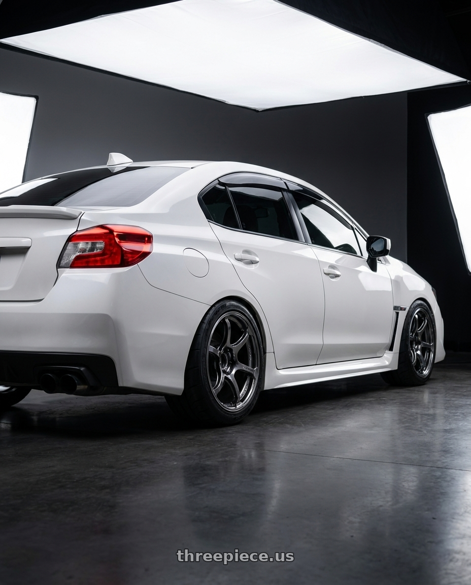 2018 Subaru wrx  with Advan Racing RG-4 5x114.3 18x9.5 +35 RACING HYPER BLACK & RING wheels rear three quarter view meaty tires
