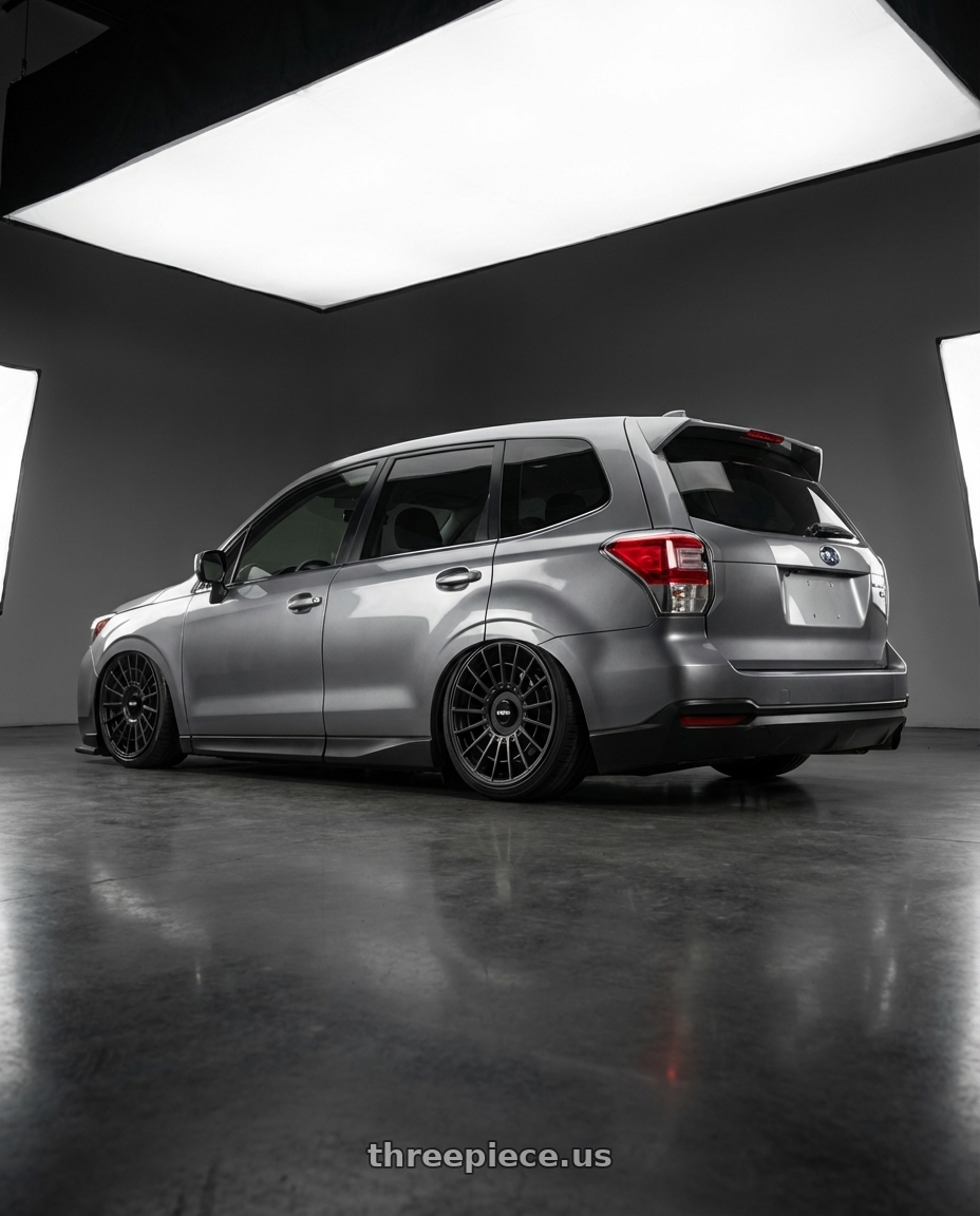 2017 subaru forester xt 2.0 touring metallic grey with Rotiform 1PC R142 LAS-R 5X112/5X114.3 19X10 +35 MATTE BLACK wheels rear three quarter view slight stretch tires