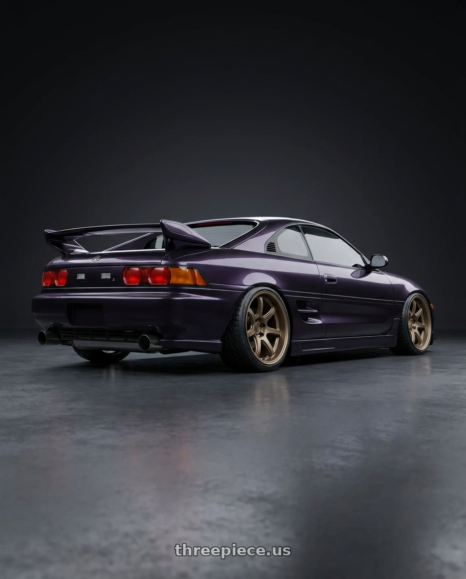 1998 Toyota MR2 with Work Emotion T7r 5x100 18x10.5 +12 Matte Bronze wheels rear three quarter view extreme stretch tires