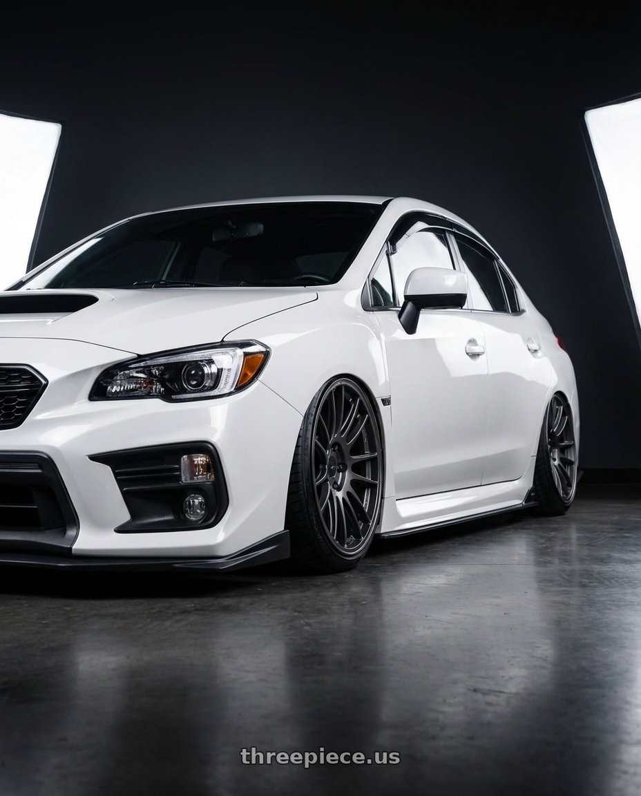 2018 Subaru wrx  with Enkei GTC01RR 5x114.3 18x9.5+22 Matte Gunmetallic wheels front three quarter view slammed stance