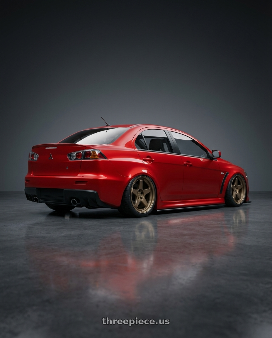 2012 Mitsubishi Lancer Evo X with Kansei K12B KNP 5x114.3 18x9.5 22 Bronze wheels rear three quarter view slight stretch tires