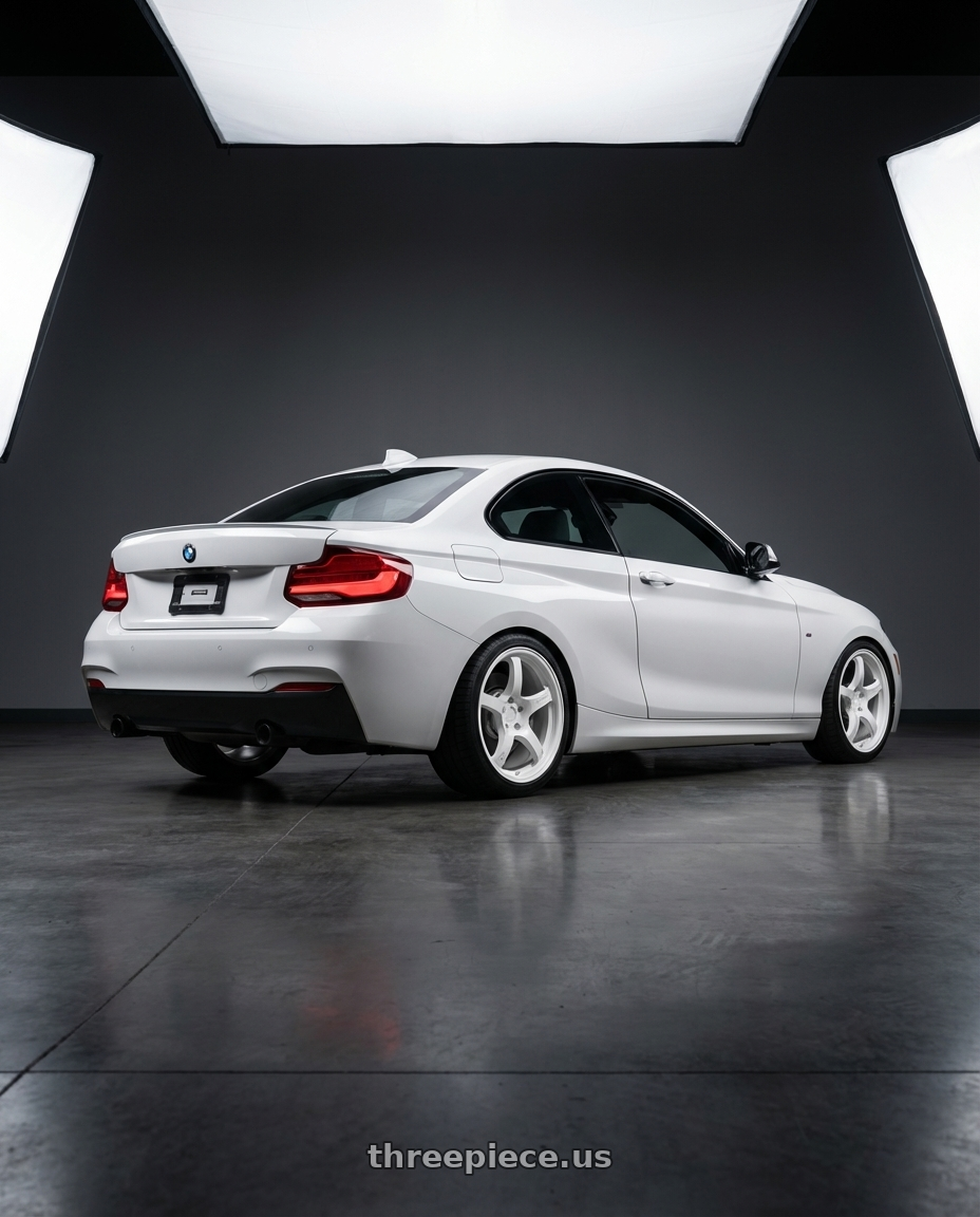 2018 BMW 2 Series F22 with Gram Lights 57CR 5x120 18x9.5+38 Ceramic Pearl wheels rear three quarter view square tires