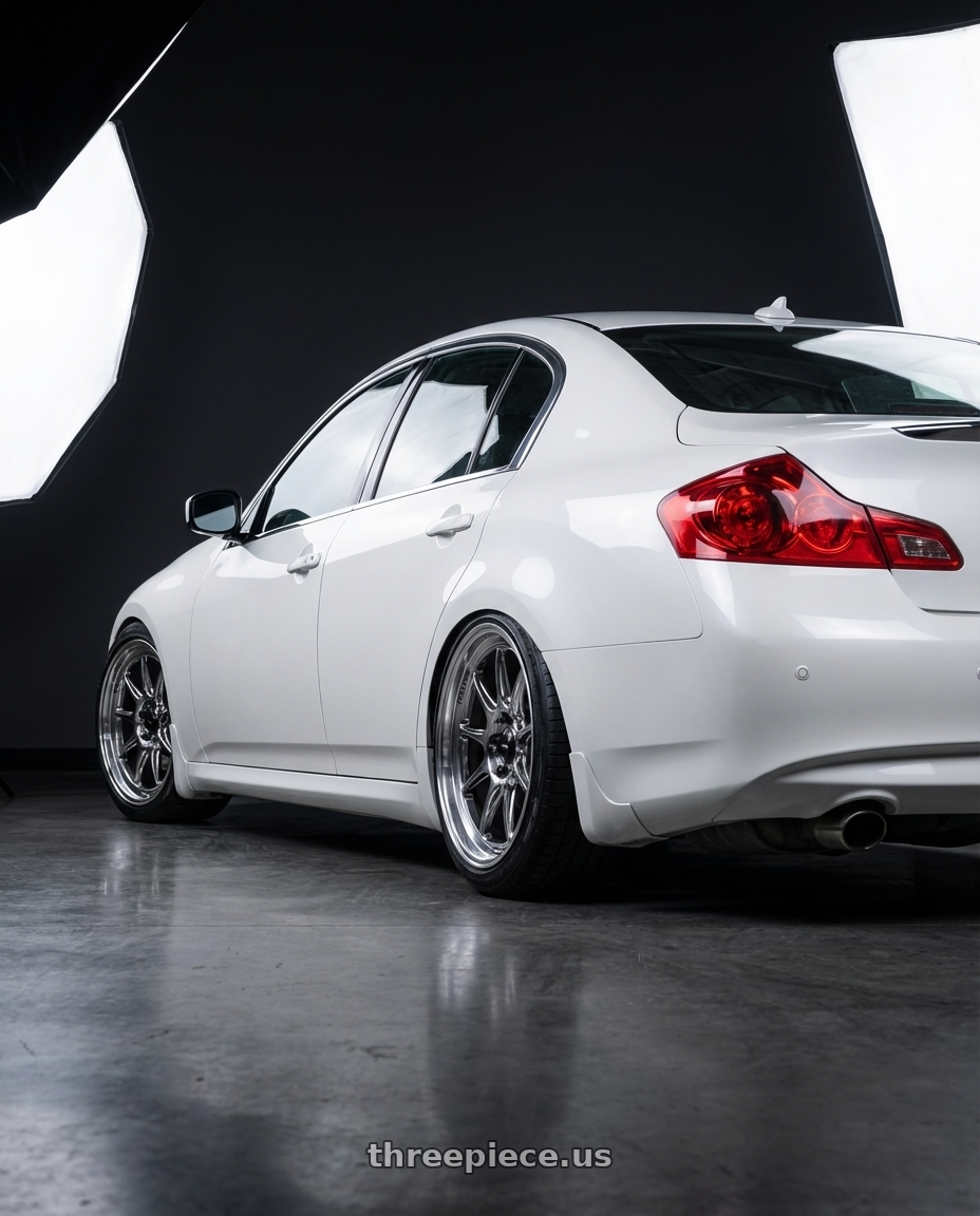 2012 Infiniti G37 with Konig Countergram 5x114.3 19x11+18 Hyper Chrome / Machined Lip wheels rear three quarter view slight stretch tires