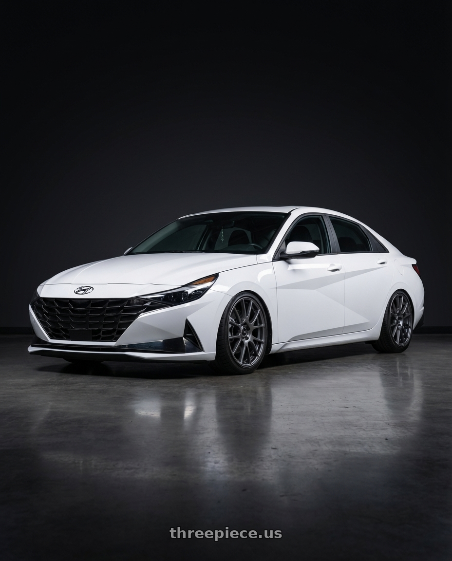 2024 Hyundai Elantra N with Ssr Gtv04 5x114.3 19×8.5x8.5+38  METALLIC GRAY wheels front three quarter view stanced stance