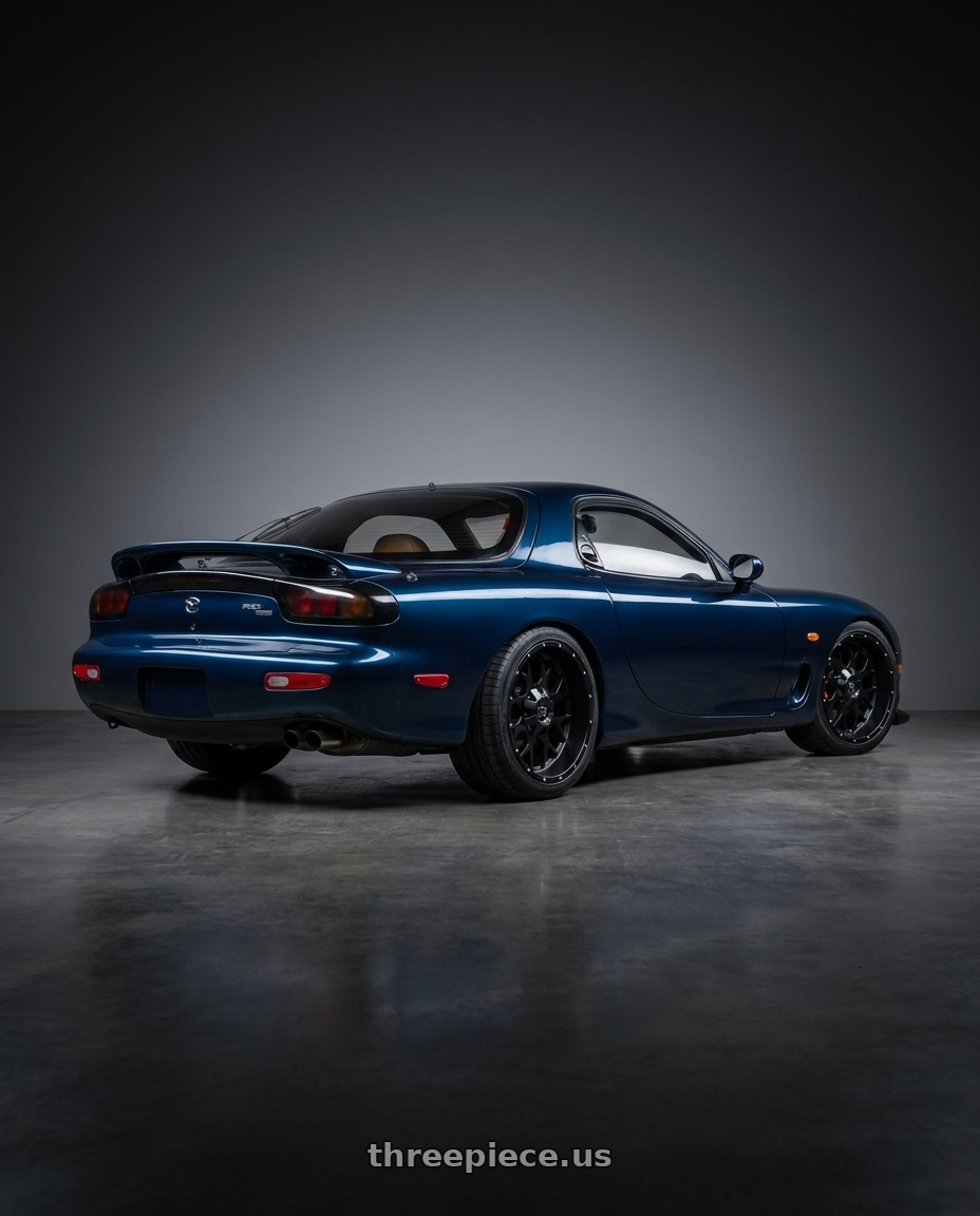 1993 Mazda RX-7 with FULL THROTTLE FT0151 5x114.3/5x127 17x9-12 SATIN BLACK wheels rear three quarter view square tires