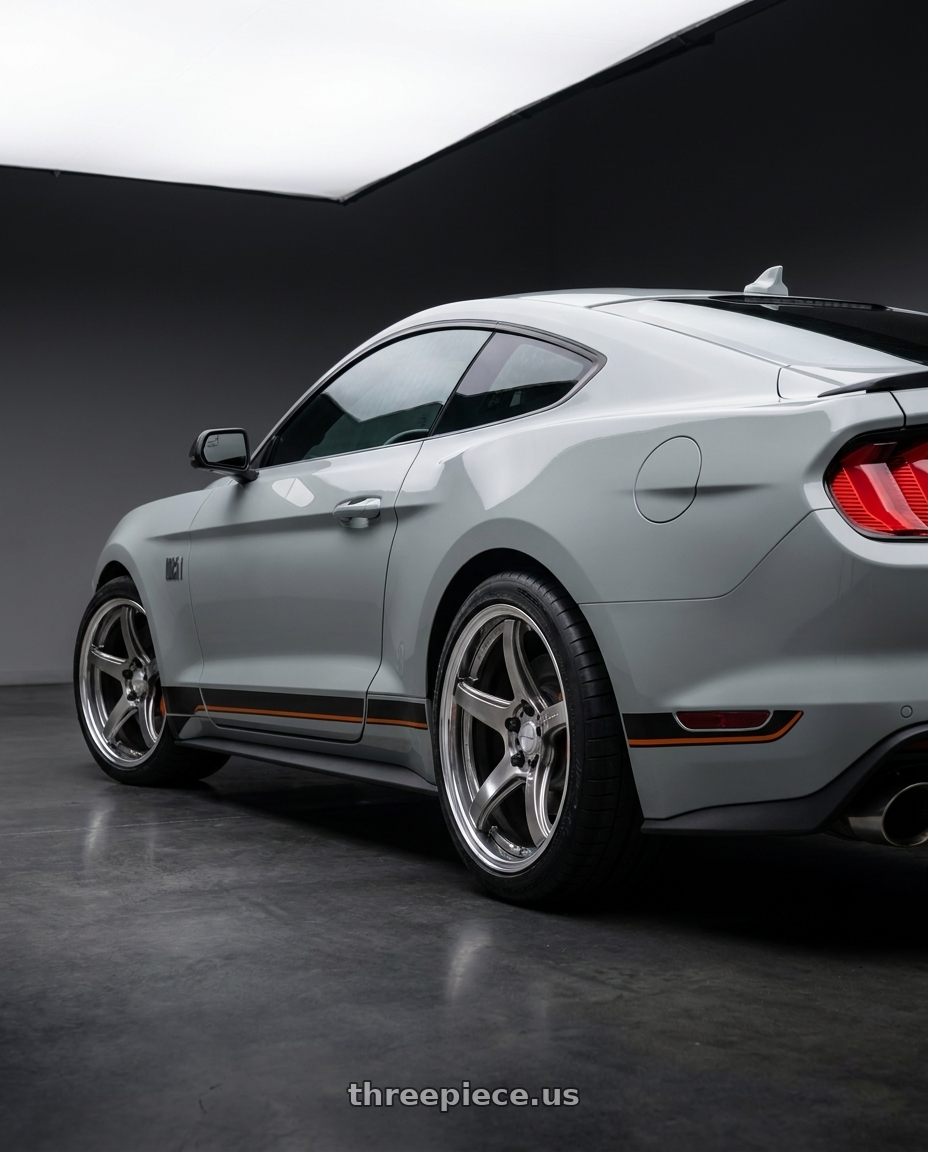 2021 Ford Mustang Mach 1 with Work T5R 2P 5x114.3 19x11.0 +45 GT SILVER wheels rear three quarter view square tires