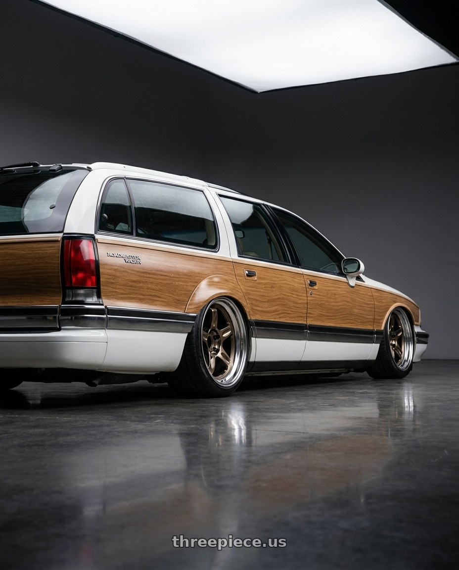 1996 Buick Roadmaster Wagon with Volk Racing 21C SPEC-SR 5x114.3 18x9.5 +30 SHINING BRONZE METAL / RIM DC wheels rear three quarter view slight stretch tires