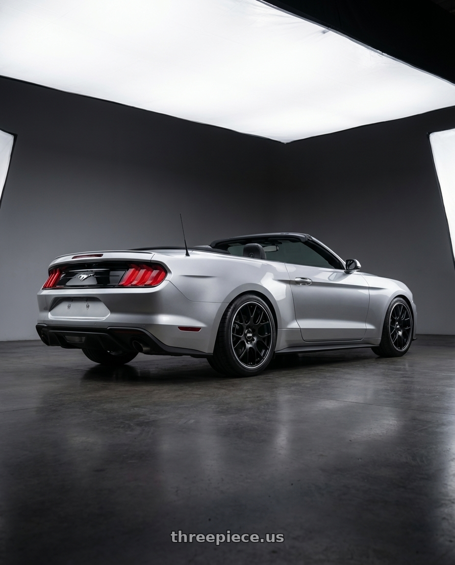 2018 ford mustang with BBS CH-R 5x130 19x11 +56 Satin Black Polished Rim Protector wheels rear three quarter view square tires