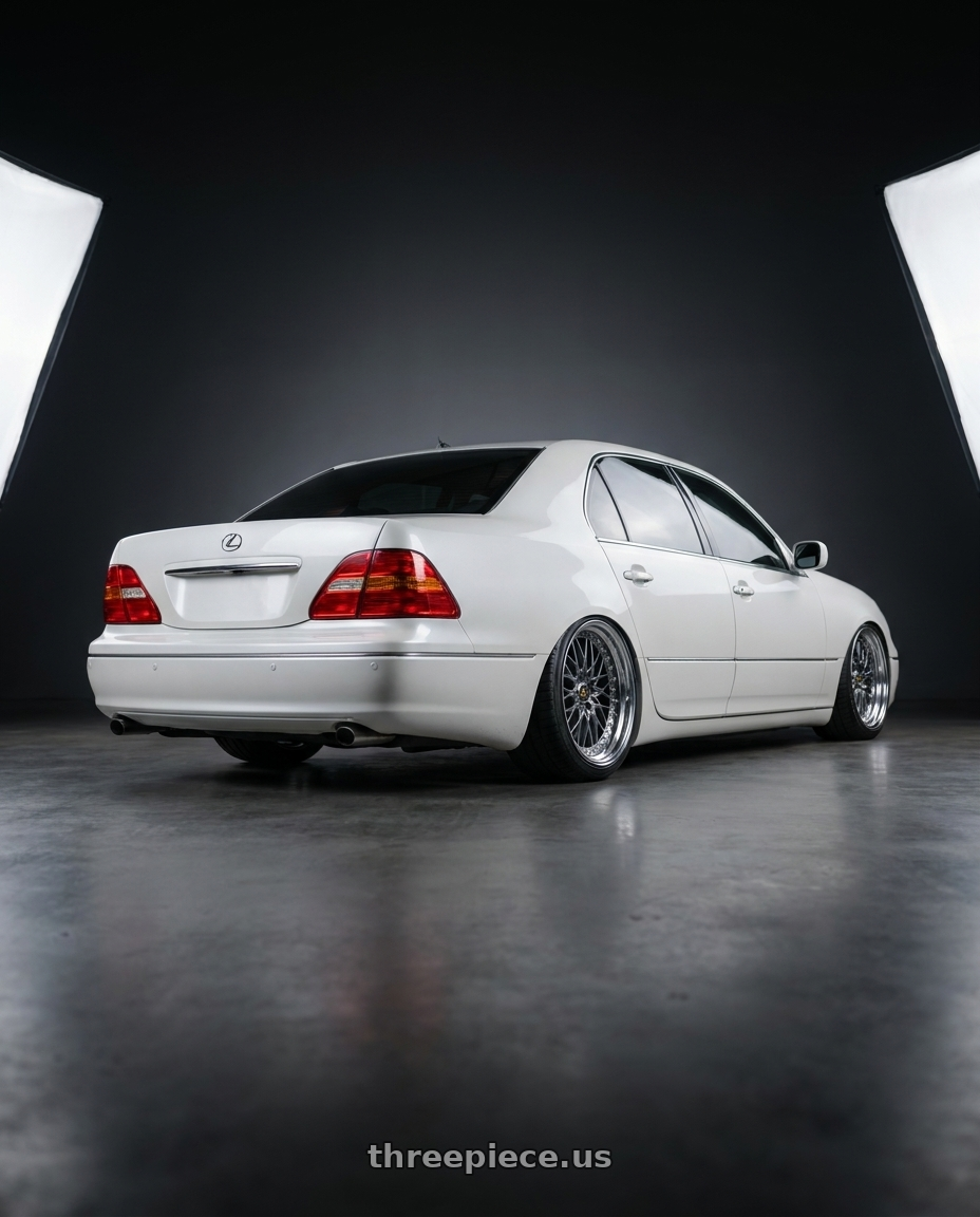 2001 Lexus LS 430 with Work Vs-Xv 5x100 18x7.5-5 A Disk Brilliant Silver Black wheels rear three quarter view square tires
