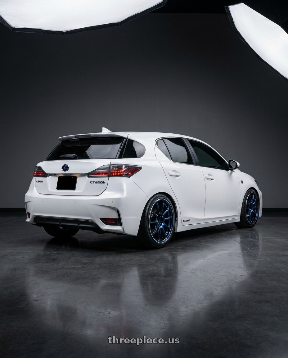 2015 Lexus CT200h F sport with Advan RZ II 5x112 18x9+50 Racing Indigo Blue and Ring wheels rear three quarter view square tires