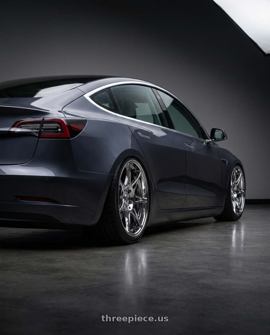 2021 Tesla model 3 with Stage Wheels Foushee 5x114.3 18x8.5 +35 Chrome wheels rear three quarter view slight stretch tires