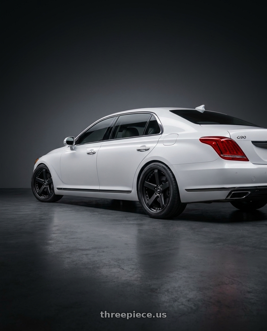 2018 genesis g90 ultimate with Work Zeast St2 5x112 20x8+12 W Disk Matte Black wheels rear three quarter view square tires