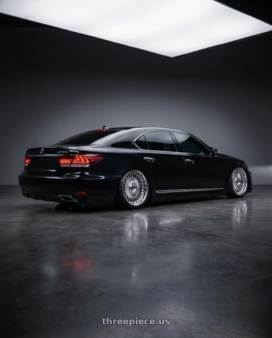 2014 Lexus LS460L with Work Emitz Chrome 5x100 19x9.0 +12 wheels rear three quarter view slight stretch tires