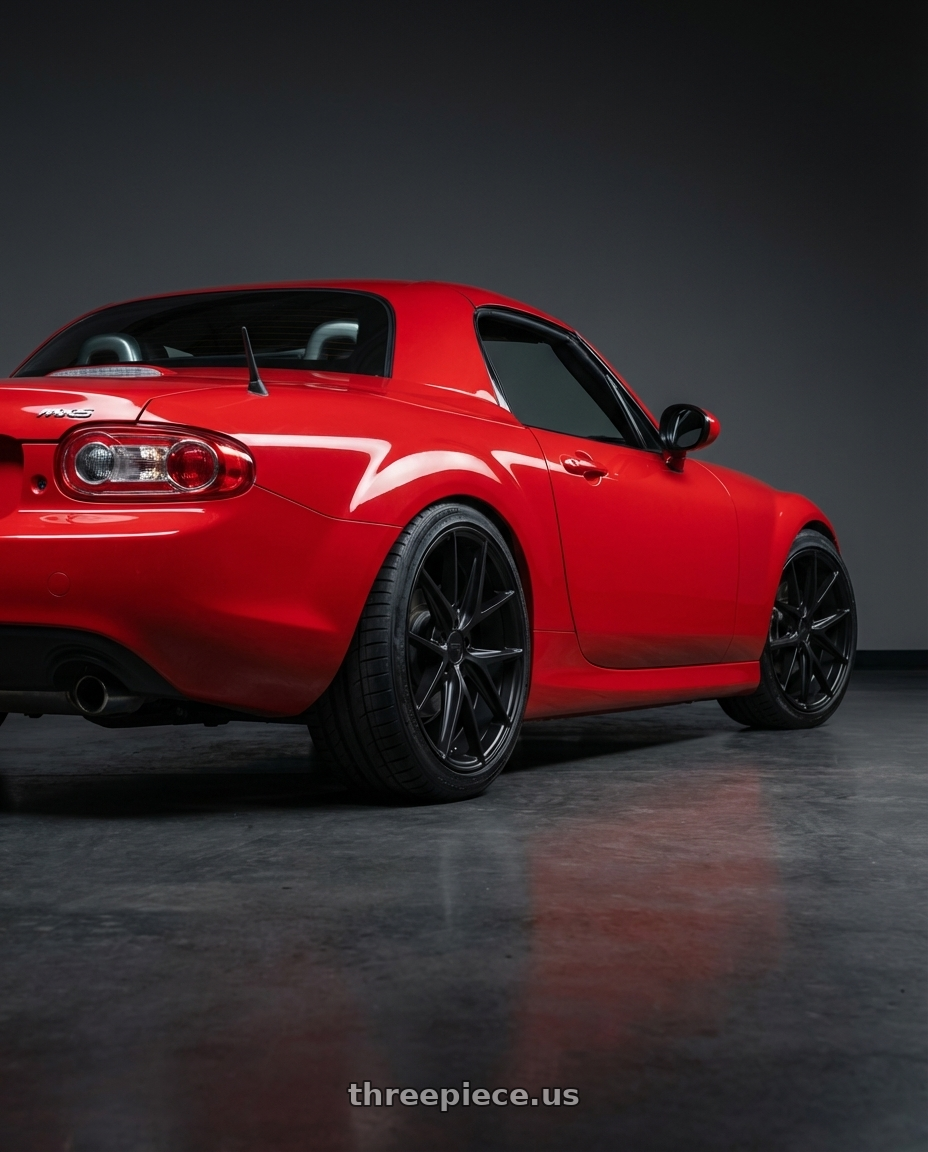 2012 Mazda MX-5 Miata NC with Niche 1PC M117 MISANO 5X114.3 17X8 +40 MATTE BLACK wheels rear three quarter view square tires