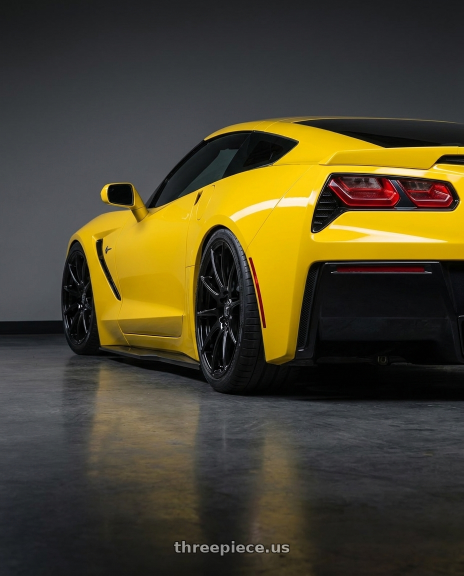 2018 Chevrolet Corvette C7 with Forgestar CF10 5x120.65 19x10 +30 Gloss Black wheels rear three quarter view slight stretch tires