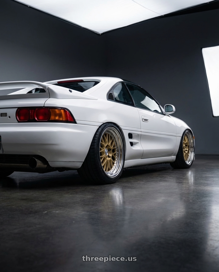 1991 Toyota mr2 with Work Meister M1 3p 4x100 16x10.5+1 A Disk Titanium Gold wheels rear three quarter view square tires