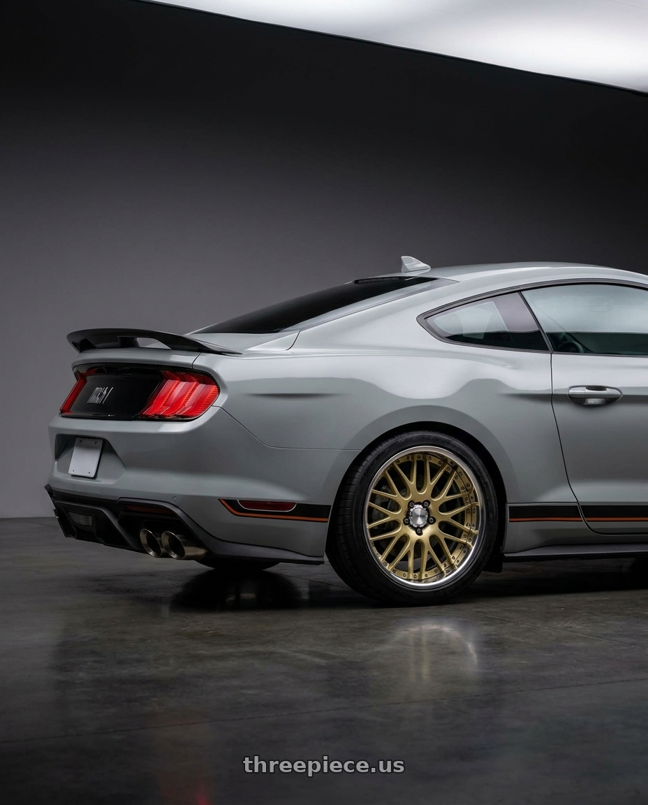 2021 Ford Mustang Mach 1 with Work Lanvec Lm1 5x114.3 20x8.5+30 O Disk Light Metallic Gold wheels rear three quarter view square tires