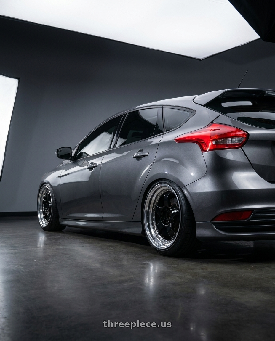 2018 ford focus st with Work Meister S1 3P 5x100 18x7+48 A Disk Black wheels rear three quarter view slight stretch tires