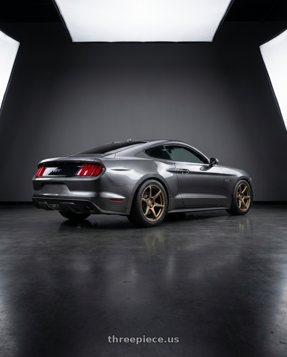 2015 Ford Mustang gt 5.0 with Kansei K11B Tandem 5x114.3 18x9 35 Bronze wheels rear three quarter view meaty tires