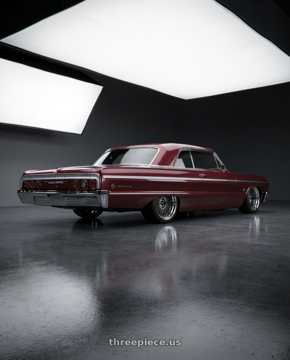 1964 CHEVROLET IMPALA with Work Emitz Black Polish 5x114.3 19x8.0 +45 wheels rear three quarter view square tires
