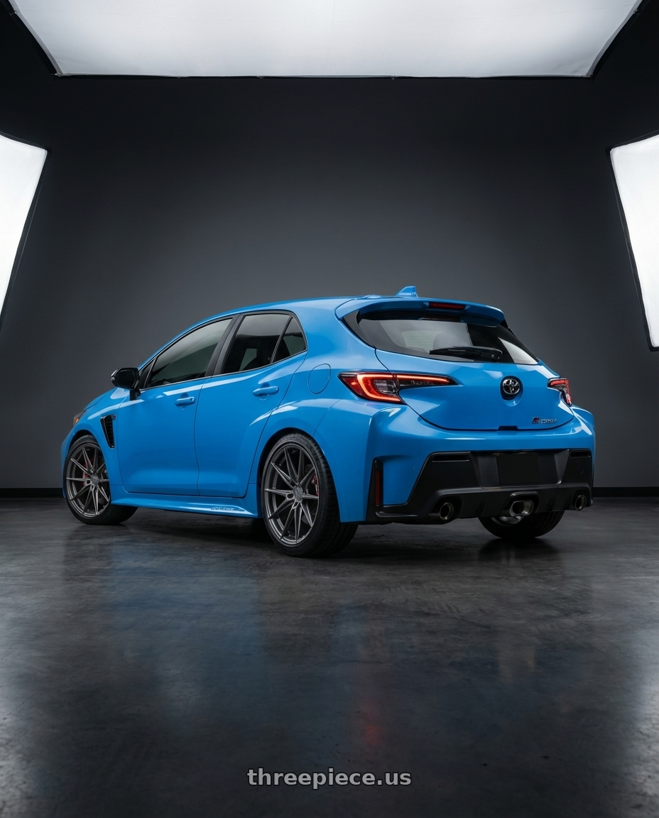 2024 Toyota GR Corolla with Niche 1PC M116 MISANO 5X114.3 18X9.5 +40 MATTE GUN METAL wheels rear three quarter view square tires