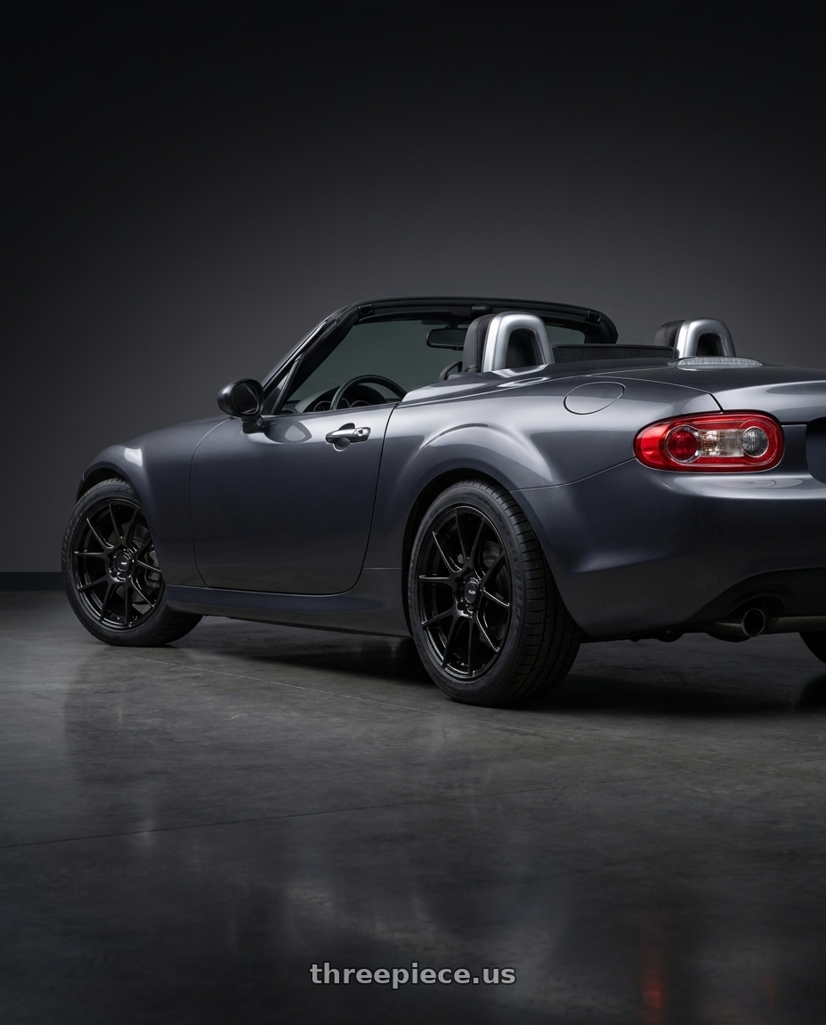 2014 Mazda Miata with Enkei TS-V 5x114.3 17x8+35 Gloss Black wheels rear three quarter view square tires