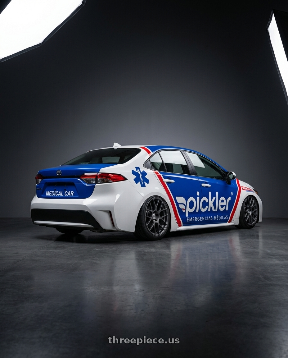 corolla 2025 adesivado pickler with TSW NURBURGRING 5X114.3 17X7.5 +45 MATTE GUNMETAL wheels rear three quarter view square tires