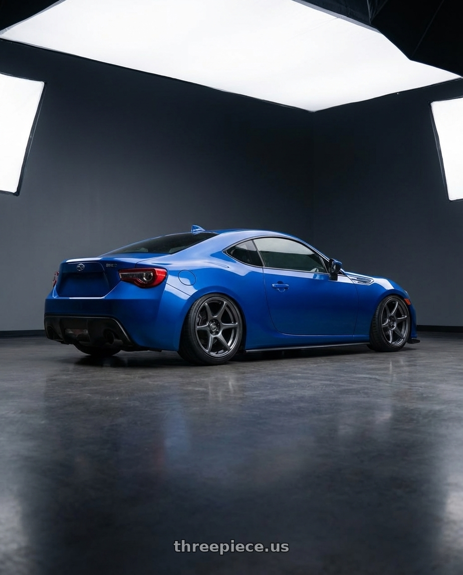 2017 Subaru BRZ with Kansei K11G Tandem 5X100 18x9.5 22 Gunmetal wheels rear three quarter view slight stretch tires