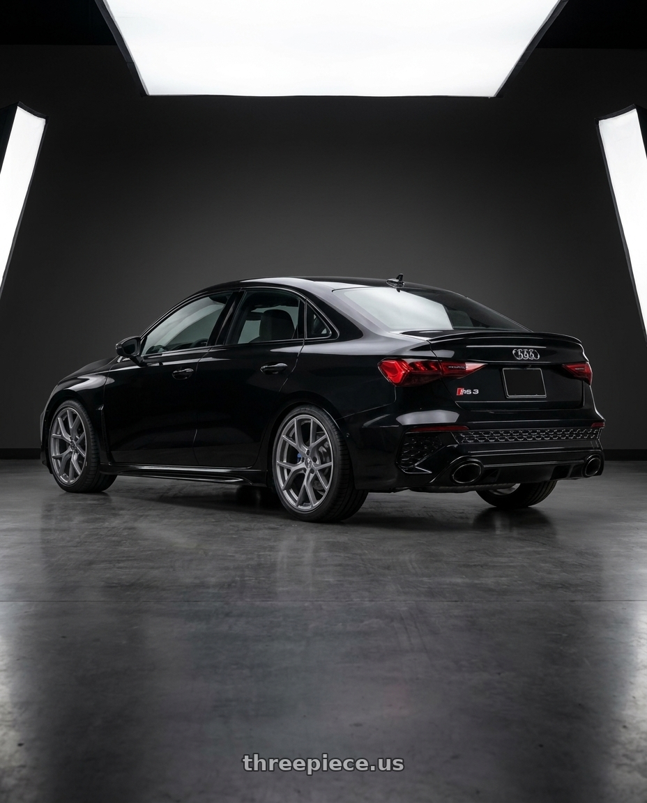 2022 Audi RS3 8Y with Aodhan AFF2 5x112 19x8.5+35 Matte Gray wheels rear three quarter view square tires
