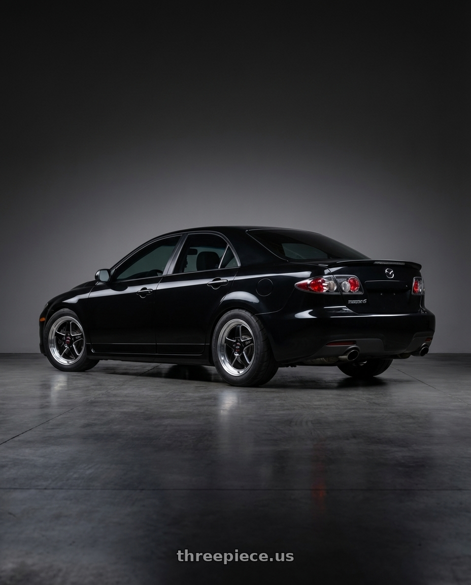 2006 Mazda, Mazdaspeed 6, Grand Touring, Black with WELD Street Performance Ventura Drag 5x120 17x10 +42 Gloss Black/Milled Diamond Cut Lip wheels rear three quarter view meaty tires
