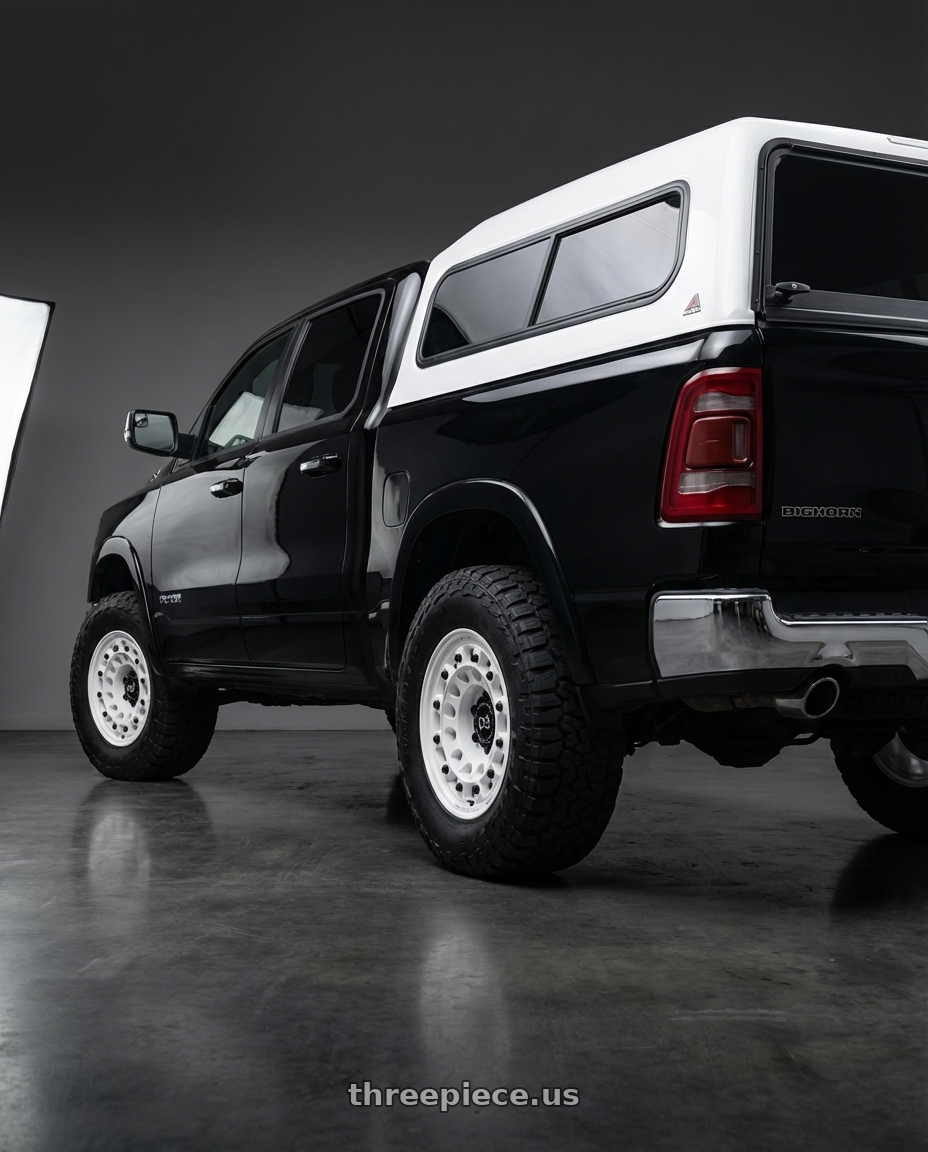 2019 Ram 1500 Bighorn with Black Rhino FUJI 6X139.7 17X8 +20 GLOSS WHITE wheels rear three quarter view meaty tires