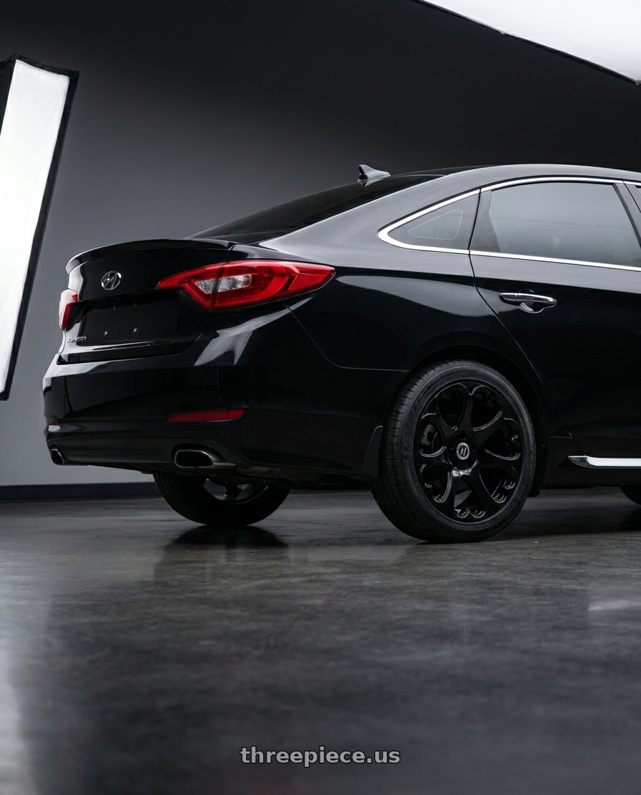 2016 Hyundai Sonata Black with HERITAGE WHEEL KOKORO MONOC 5x112 17x8 +25 BLACK wheels rear three quarter view square tires
